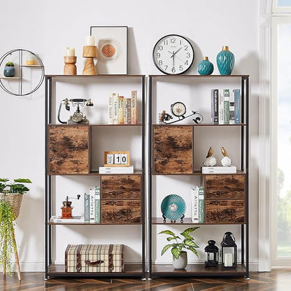 VECELO 5-Tier Bookshelf,Bookcase with 2 Storage Drawers and 1 Cabinet, Wooden Shelf with Metal Frame Open Book Shelves Standing Shelf Unit for Living Room, Bedroom,Office