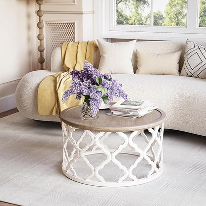 karlott Farmhouse Coffee Table, French Country Round Coffee Table with Distressed Tray Top, Coastal Coffee Table with Curved Motif Frame Base, Boho Coffee Table for Living Room, Dining Room, Bedroom