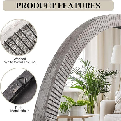 30" Round Wood Mirror, Large Round Mirror with Beveled, Wood Round Mirrors for Wall Decor, Rustic Circle Wall Mirrors for Entryway, Living Room, White Washed Frame