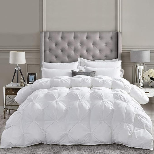 Luxurious All-Season Goose Down Feather Fiber Comforter Twin Size Duvet Insert, Exquisite Pinch Pleat Design, Premium Baffle Box, 100% Egyptian Cotton Cover, 50 oz. Fill Weight, White