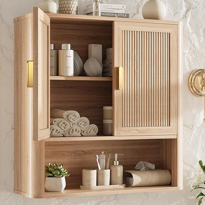 Bathroom Storage Cabinet, Medicine Cabinet with Adjustable Wood Shelf & Doors, Over The Toilet Storage Cabinet for Laundry Room & Kitchen & Living Room (Natural Oak)