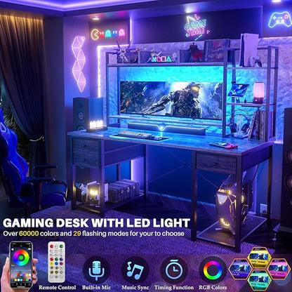 Aheaplus Gaming Desk With LED, Outlets, and Hutch - 55.2'' Computer Workstation With Drawers, Reversible Office Desk With Storage Bookshelf and Shelf - Large Home Desk, Black Oak