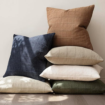 Foindtower Set of 2 Decorative Linen Check Throw Pillow Covers Neutral Farmhouse Vintage Cushion Covers Modern Boho Home Decor for Sofa Chair Couch Bedroom Living Room Outdoor,18×18 Inch,Brick