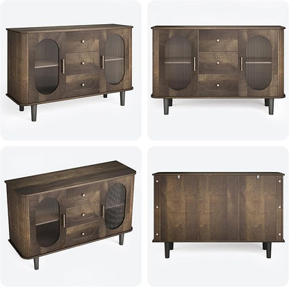 GarveeHome 47.2" Sideboard Buffet Cabinet with 2 Fluted Glass Doors & 3 Drawers, Modern Farmhouse Accent Coffee Bar with Adjustable Shelves for Kitchen, Living Room, Hallway, Walnut