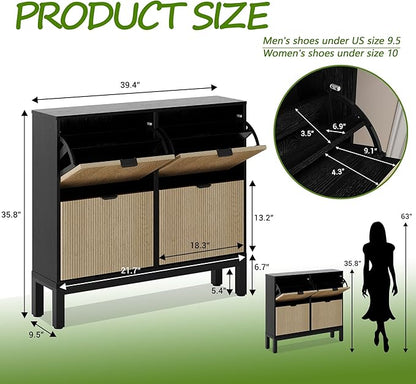 GarveeHome Shoe Storage Cabinet with 4 Flip Drawers, Farmhouse Fluted Shoe Organizer with Metal Legs, Freestanding Hidden Slim Narrow Shoe Rack for Entryway, Foyer, Hallway