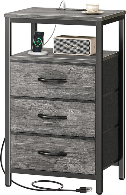 Huuger Nightstand with Charging Station, 27.6 Inch End Table Bedside Table with USB Ports and Outlets, Night Stand for Bedroom, Fabric Drawers, Grey