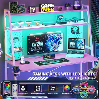 Gaming Desk with Hutch and LED Lights, Gaming Computer Desk with Power Outlets, Gamer Desk with Storage Shelves, PC Game Desk with Pegboards for Bedroom, Carbon Fiber Pink, 49"