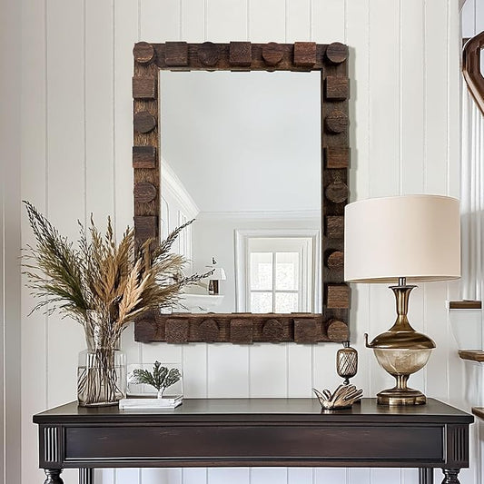 28x20 Inch Handcrafted Solid Wood Square Wall Mirror with Geometric Wood Inlay Design, Rustic Natural Texture for Bathroom, Bedroom, Living Room Decor