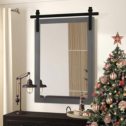Farmhouse Wall Mirror, Rustic Wood Frame Bathroom Mirror Barn Door Inspired Decorative Vanity Dress Mirrors for Living Room Entryway, 24x36 INCH Gray Vertical