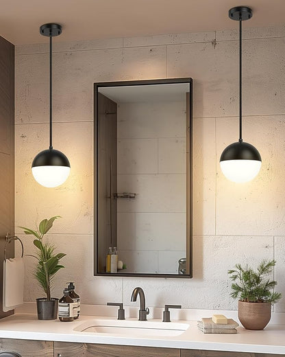 LMS Mid Century Pendant Lights, Matte Black Kitchen Island Light Fixtures with White Globe Glass Shade, Adjustable Hanging Cord, 3 Pack for Home Office Dining Room Bathroom, LMS-186PL-BKWS3PK