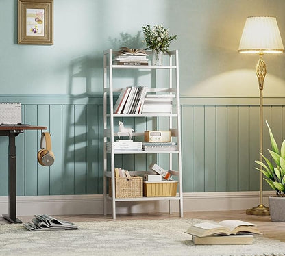 HITNET White Ladder Bookshelf, Leaning Bookcase, 4-Tier Bamboo Shelf, Floor Standing Storage Shelving Unit, Open Display Book Shelves