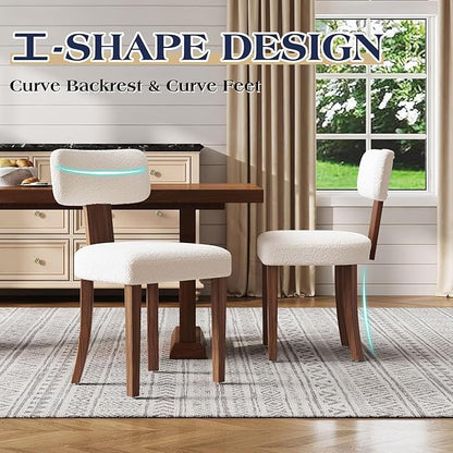 Farmhouse Chair Set of 2, Mid Century Modern Dining Chairs, Sherpa Upholstered Kitchen Chairs with Curved Backrest & Adjustable Legs for Living Room/Bedroom, Easy to Install, White Sherpa