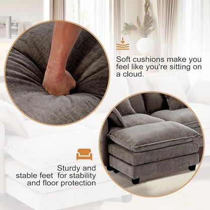 Furniliving 112‘’ L-Shaped Sofa, Luxury Chenille Modular Sectional Couches with Ottoman, Upholstered Deep Seat Sleeper Sofa with Memory Foam and Waist Pillows, Grey