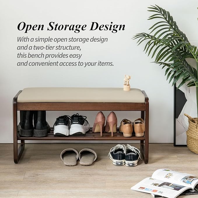 Shoe Bench, Entryway Bench with Leather Cushion, Solid Wood Shoe Rack, Mid Century Modern Bench, Shoe Storage, Shoe Organizer for Entryway (Brown, 31.5" W)