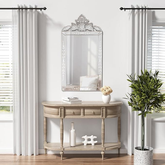 KOHROS Bathroom Vanity Decorative Mirrors for Wall Decor 42" x 24" Venetian Wall Mirror with Floral Etched Design Crown Top Frameless Wall Mirror for Bedroom Bathroom Vanity