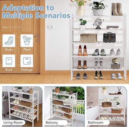Haddockway 5 Tier Bamboo Shoe Rack Storage Organizer, Multifunctional Free Standing Stackable Shoe Shelf with Grid Panel for Closet,Hallway,Entryway,Small Space 27"x11"x32" (White, 5 Tier)