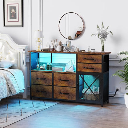 TV Stand Dresser for Living Room, LED TV Stand with 6 Drawers and Lights for Bedroom, Up to 50 inch TV, Long and Wide Dresser Storage Table with Metal Door, Rustic Brown