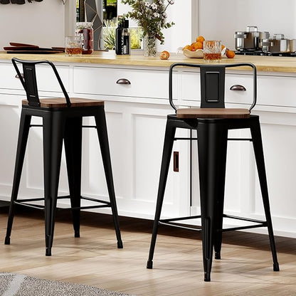 26 Inch Swivel Bar Stools Set of 2 with Backs Counter Height Industrial Metal Barstools Island Bar Chairs for Home Kitchen Dining Room (Swivel 26 inch,Matte Black Wooden)