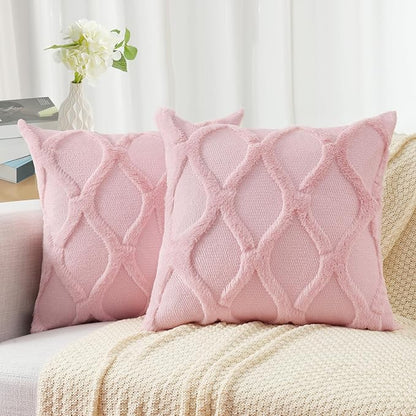 decorUhome Throw Pillow Covers 18x18 Inch Set of 2, Soft Plush Faux Fur Wool Light Pink Couch Pillow Covers, Decorative Neutral Pillow Cases for Bed Sofa Living Room Home Decor
