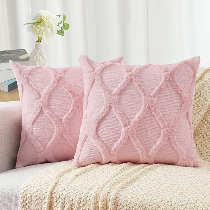 decorUhome Throw Pillow Covers 24x24 Inch Set of 2, Soft Plush Faux Fur Wool Light Pink Couch Pillow Covers, Decorative Neutral Pillow Cases for Bed Sofa Living Room Home Decor