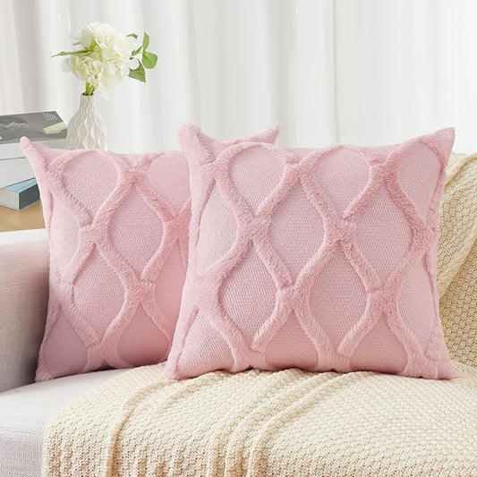 decorUhome Throw Pillow Covers 24x24 Inch Set of 2, Soft Plush Faux Fur Wool Light Pink Couch Pillow Covers, Decorative Neutral Pillow Cases for Bed Sofa Living Room Home Decor