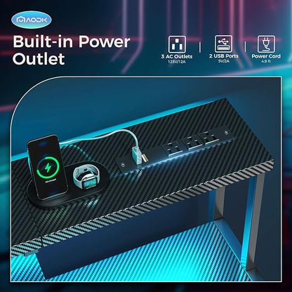 AODK Computer Desk, 56 Inch Gaming Desk with Led Lights & Power Outlet, Office Desk with Storage Shelves, Reversible Desk with Monitor Shelf & Headphone Hook, Carbon Fiber Black