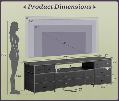 Huuger 70.9 Inch Dresser TV Stand with LED Lights, Power Outlets and USB-C Port, 12 Fabric Drawer Dresser for Bedroom, Wide Entertainment Center for 75, 80 Inch TV, Media Console, Open Shelf, Black