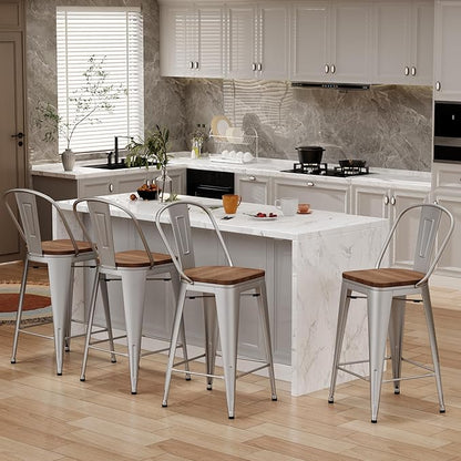 Changjie Furniture 30 Inches Metal Barstools Set of 4 Counter Height Bar Stools Industrial Stools with Backs High Back Chairs for Kitchen Island (30 Inch, Silver)