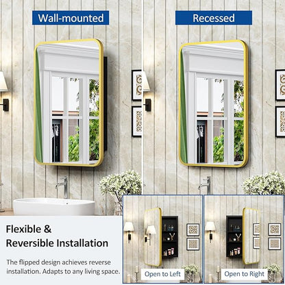 16x24 Inch Mirror Medicine Cabinet for Bathroom Gold Metal Frame Bathroom Medicine Cabinet with Mirror Recessed or Wall Mounted