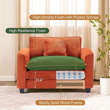 Furniliving Oversized Accent Chair with Ottoman, Luxury Corduroy Single Sofa, Upholstered Deep Seat Chaise Lounge with Pillows for Living Room, Bedroom, Apartment, Orange
