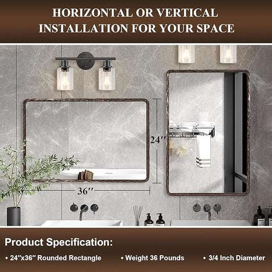 ANDY STAR Hand-Forged Bronze Bathroom Mirror for Wall, 24x36 Inch Vintage Solid Steel Metal Frame Bathroom Vanity Mirror, Antique Rounded Rectangle Wall Mirror, Hangs Horizontally or Vertically