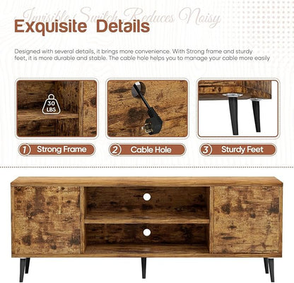 YESHOMY Modern TV Stand for 65" Television, Entertainment Center with Two Storage Cabinets and Open Shelves, Retro Style Media Console for Living Room, Bedroom, Office, 58 Inch, Rustic Brown