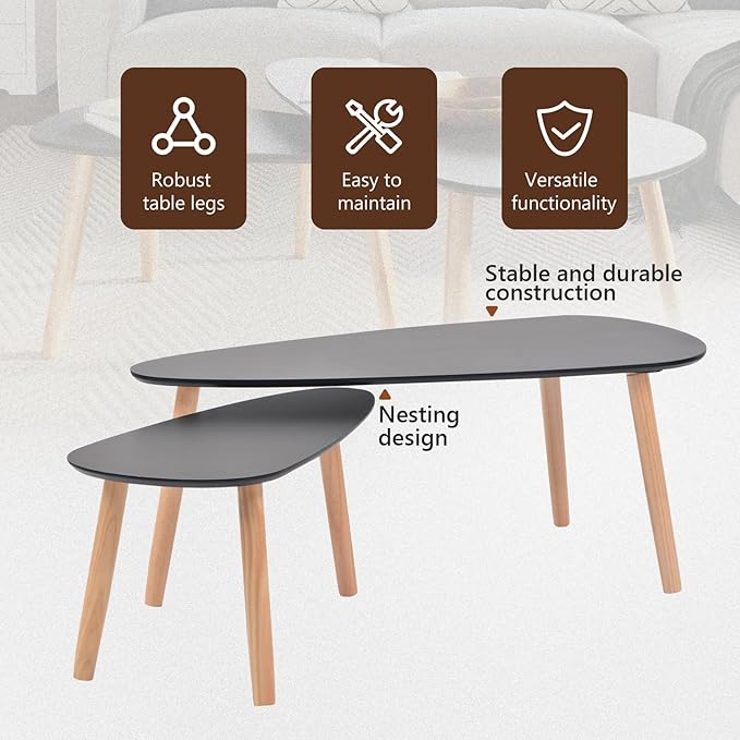 vidaXL Nesting Coffee Table 2 pcs, Side Tables with Solid Pine Wood Legs, Scandinavian Style End Table for Living Room, Black