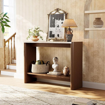 COSIEST 43.3" Farmhouse Console Table for Entryway, 2-Tier Sofa Table with Faux Stone Grain Top, Slim Accent Table for Hallway, Behind Couch, or Living Room, Brown Wood Look