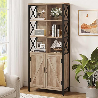 FATORRI Rustic Tall Bookshelf with Doors, Industrial Farmhouse Bookcase with Storage, 6 Cube Storage Organizer Book Shelf for Living Room, Home Office (Rustic Oak, 67 Inch)