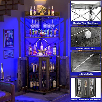 Aheaplus Corner Bar Cabinet with Power Outlet, Industrial Wine Cabinet with LED Strip and Glass Holder, 5-Tiers Liquor Cabinet Bar Unit for Home, Corner Display Cabinet for Small Space, Grey Oak