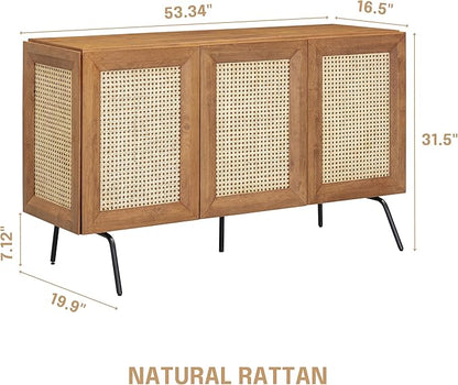 NTC MOSSIC Modern Sideboard with 3 Doors, Natural Rattan Storage Cabinet, Buffet with Metal Legs, Boho Accent Cabinet for Living Room, and Entryway, Effortless Assembly, Teak Look