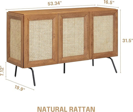 NTC MOSSIC Modern Sideboard with 3 Doors, Natural Rattan Storage Cabinet, Buffet with Metal Legs, Boho Accent Cabinet for Living Room, and Entryway, Effortless Assembly, Teak Look