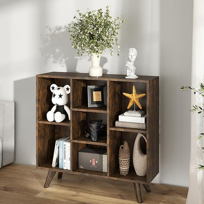 Manora Rustic Brown 7 Cube Mid Century Modern Bookshelf, Wooden Storage Organizer with Open Shelves, Retro Bookcase for Living Room, Bedroom, Home Office