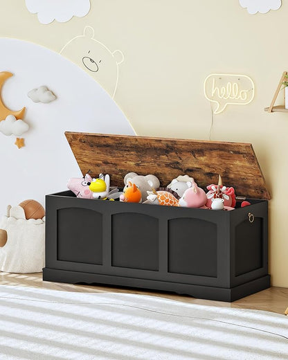 39.4" Storage Chest Bench with Lift Lid, Toy Chest with Safety Hinge, Entryway Shoe Bench, Wooden Storage Trunk, Holds up to 220 lb, for Living Room, Bedroom, Black and Rustic Brown MCW12BF
