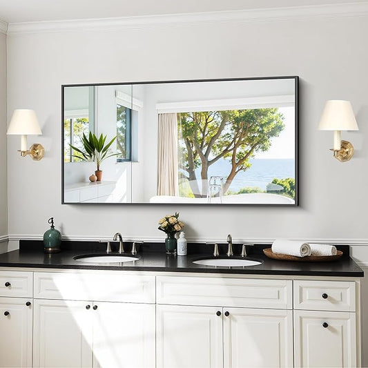 KOCUUY 24x48 Inch Large Black Wall Mounted Mirror,Aluminum Framed Decorative Rectangular Bathroom Mirror for Wall Over Sink,Vanity Mirror for Bedroom Living Room Bathroom,Functional Oversized Mirror
