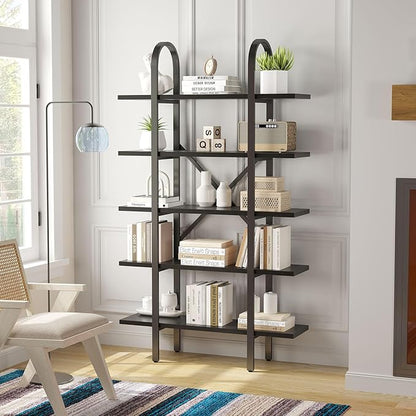 Wide Bookshelf Arched Bookcase, Industrial 5 Tier Open Book Shelves with Metal Frame, 72" Tall Freestanding Heavy Duty Display Rack for Home Office, Living Room,Black,Easy Assembly