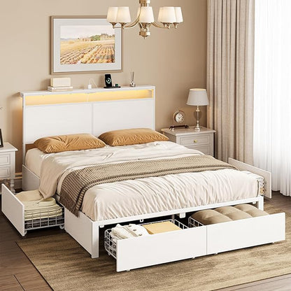 King Bed Frame with 4 Storage Drawers Bed Frame King Size with Headboard LED Lights Charging Station Metal Slats Platform Heavy-Duty Support No Box Spring Needed White