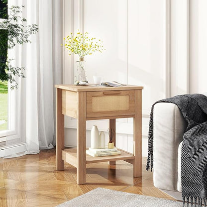 IBUYKE Rattan Nightstand Set of 2, Boho Night Stand with Drawer, Wood Bedside Tables with Storage Shelf, End Table with Legs for Bedroom, Natural UWNS011N-2