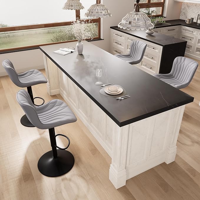 YOUNIKE Grey Bar Stools Set of 6 Modern Swivel Counter Height Bar Chair with Back Adjustable Kitchen Island Faux Leather Padded Barstools taburetes de bar Breakfast sillas para barra de cocina 6PCS
