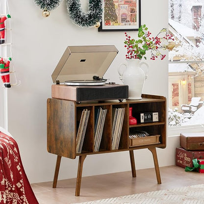 Lerliuo Record Player Stand with 4 Cabinet Holds Up to 220 Albums, Large Turntable Stand with Beech Wood Legs, Mid-Century Record Player Table,Brown Vinyl Holder Storage Shelf for Bedroom Living Room