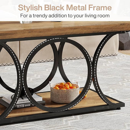 Tribesigns Rectangle Coffee Table, 47.24-inch Rustic Coffee Tables for Living Room, 2-Tier Farmhouse Wooden Coffee Table with Geometric Metal Legs, Home Furniture with Storage Shelf (Brown & Black)
