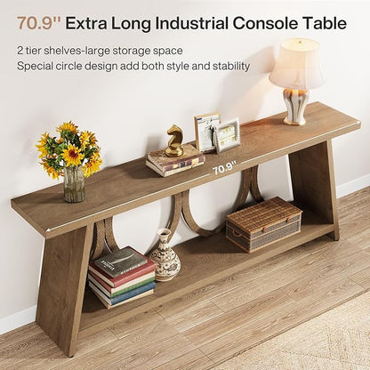Tribesigns 70.9 inch Extra Long Console Table, Farmhouse Sofa Table Behind Couch with 2 Tier Storage Shelf, Narrow Entryway Hallway Accent Table for Living Room, Natural
