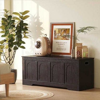 DINZI LVJ Storage Chest, 47.2”Wooden Storage Box with 2 Safety Hinges, Entryway Shoe Bench with Flip-Top, Large Trunk for Living Room, Bedroom, Easy Assembly, Espresso