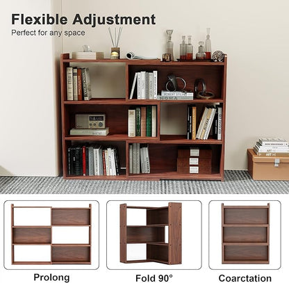 Open Shelf Low Bookcase,Wooden 4-Tier Floor Standing Expandable 25-47 inch Wide Bookcase,with Side Panels Frame for Home and Office (Walnut)